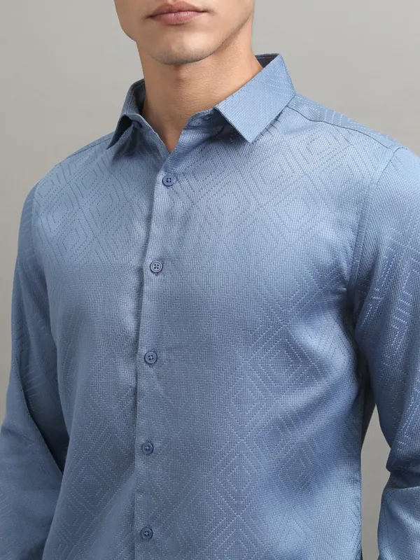 Highlander Men Blue Textured Slim Fit Casual Shirt