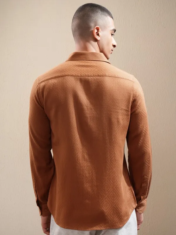 Highlander Men Brown Textured Slim Fit Casual Shirt