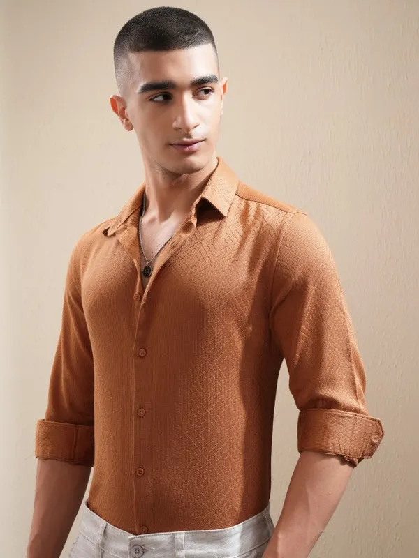 Highlander Men Brown Textured Slim Fit Casual Shirt