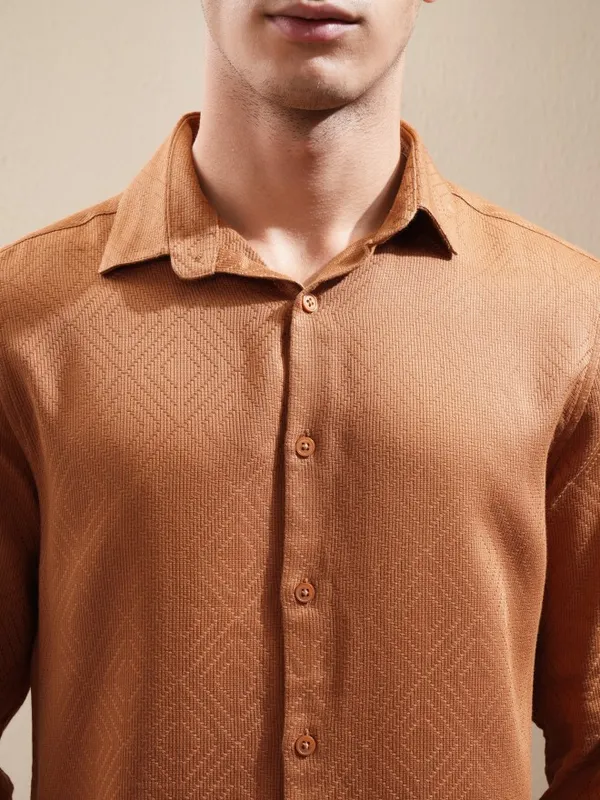Highlander Men Brown Textured Slim Fit Casual Shirt
