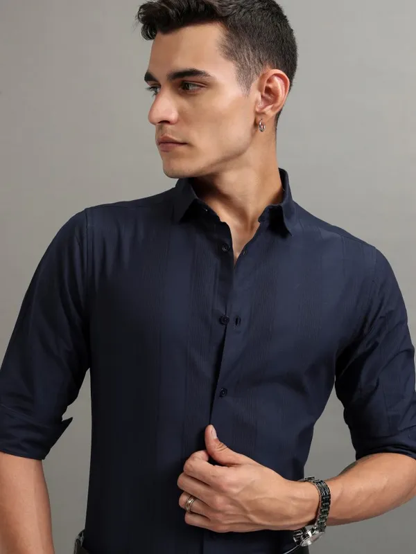 Highlander Men Navy Blue Striped Slim Fit Casual Shirt