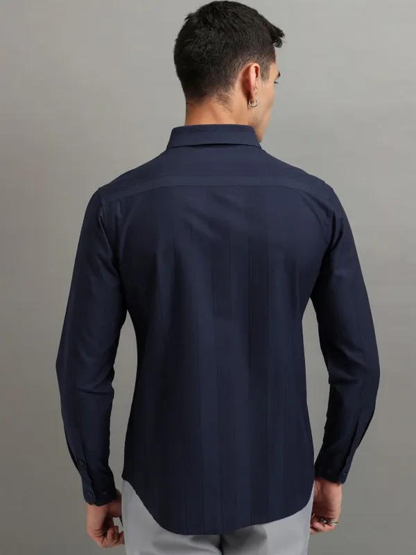 Highlander Men Navy Blue Striped Slim Fit Casual Shirt