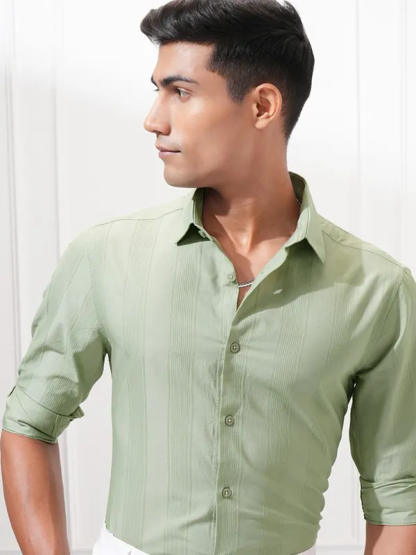 Highlander Men Green Striped Slim Fit Casual Shirt