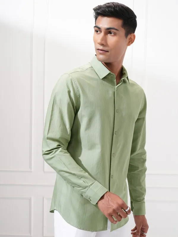 Highlander Men Green Striped Slim Fit Casual Shirt