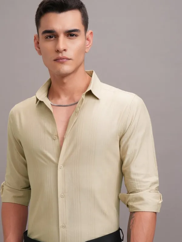 Highlander Men Beige Striped Slim Fit Casual Shirt