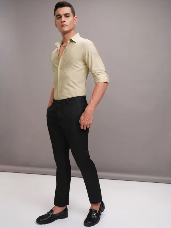 Highlander Men Beige Striped Slim Fit Casual Shirt