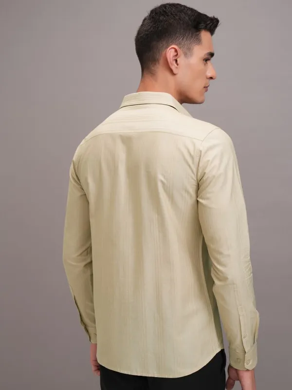 Highlander Men Beige Striped Slim Fit Casual Shirt