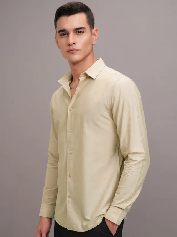 Highlander Men Beige Striped Slim Fit Casual Shirt