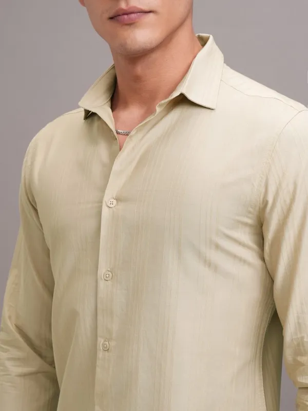 Highlander Men Beige Striped Slim Fit Casual Shirt