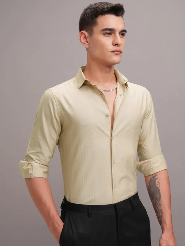 Highlander Men Beige Striped Slim Fit Casual Shirt