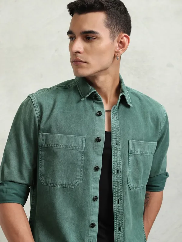 Highlander Men Green Faded Oversized Fit Casual Shirt