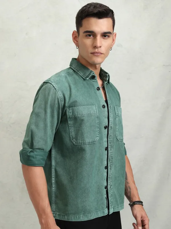 Highlander Men Green Faded Oversized Fit Casual Shirt