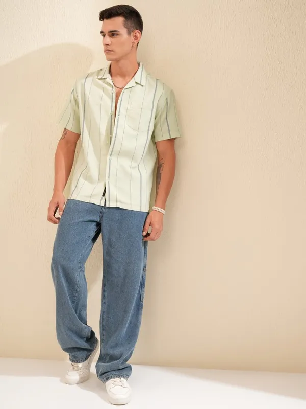 Highlander Men Green Striped Relaxed Fit Casual Shirt