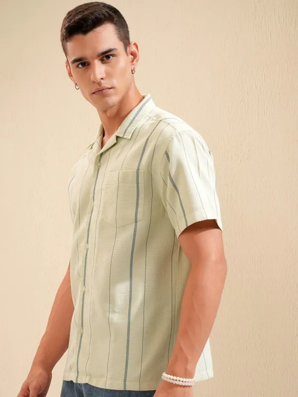 Highlander Men Green Striped Relaxed Fit Casual Shirt