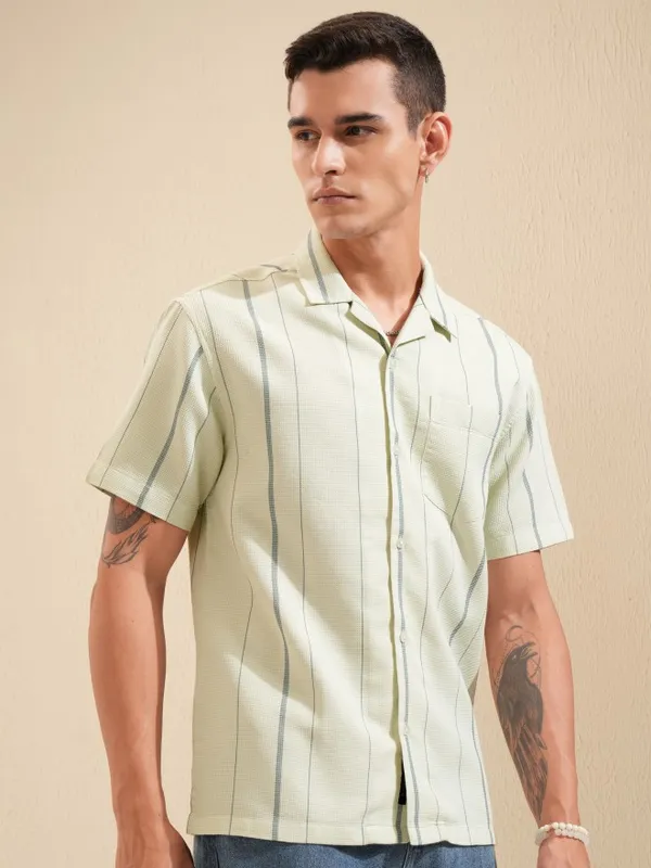 Highlander Men Green Striped Relaxed Fit Casual Shirt