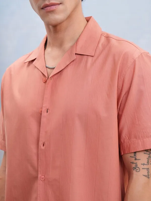 Highlander Men Peach Textured Relaxed Fit Casual Shirt