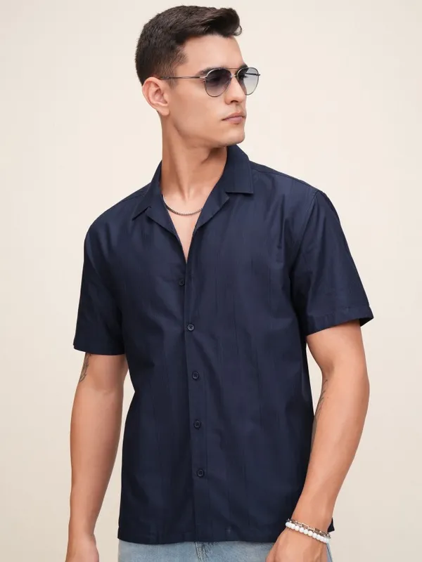Highlander Men Navy Blue Textured Relaxed Fit Casual Shirt