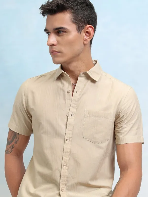 Highlander Men Beige Striped Regular Fit Casual Shirt
