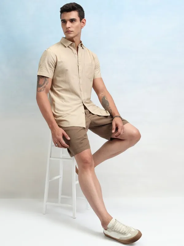 Highlander Men Beige Striped Regular Fit Casual Shirt