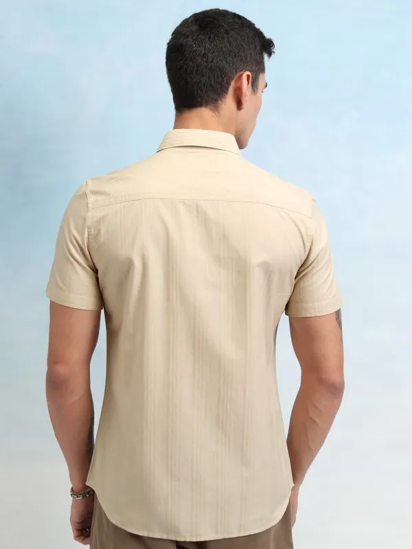 Highlander Men Beige Striped Regular Fit Casual Shirt