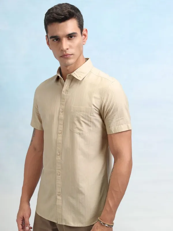 Highlander Men Beige Striped Regular Fit Casual Shirt