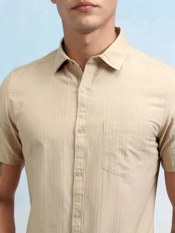 Highlander Men Beige Striped Regular Fit Casual Shirt