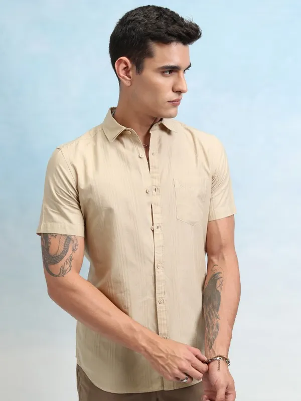 Highlander Men Beige Striped Regular Fit Casual Shirt