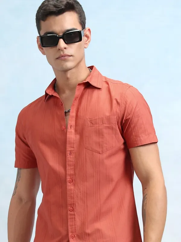 Highlander Men Red Striped Regular Fit Casual Shirt