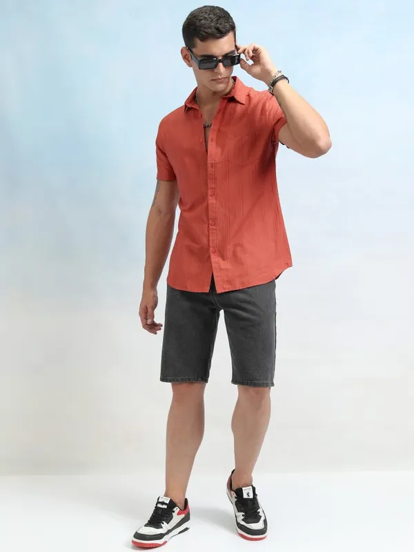 Highlander Men Red Striped Regular Fit Casual Shirt