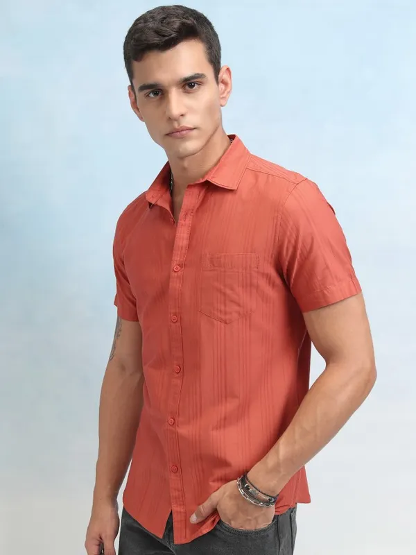 Highlander Men Red Striped Regular Fit Casual Shirt