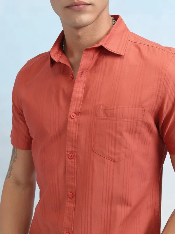 Highlander Men Red Striped Regular Fit Casual Shirt