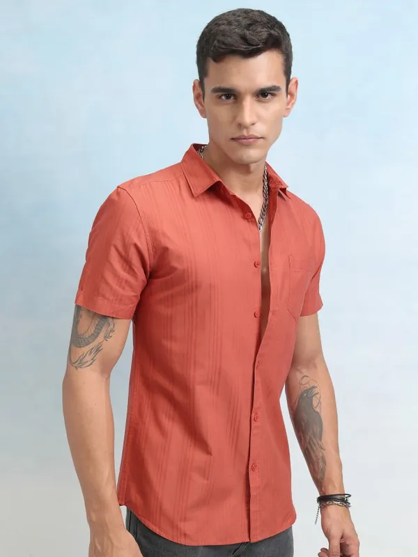 Highlander Men Red Striped Regular Fit Casual Shirt