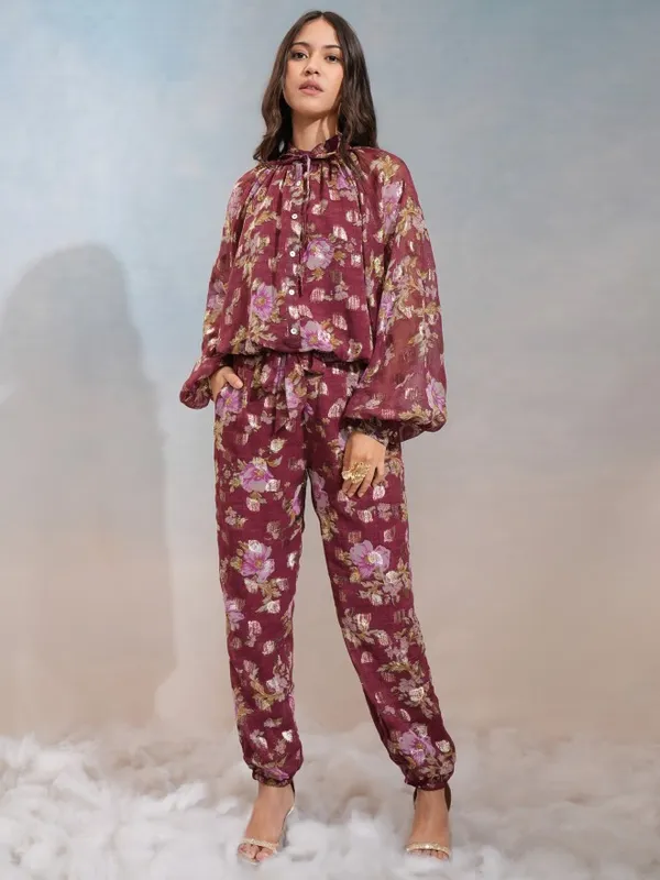 Vishudh Women Maroon Top With Trousers Co-Ords