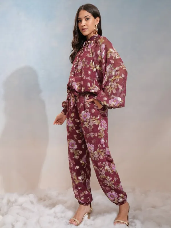 Vishudh Women Maroon Top With Trousers Co-Ords