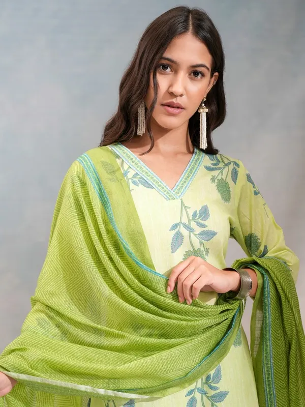 Vishudh Women Lime Green Printed Kurta Set - Kurta With Jogger And Printed Dupatta