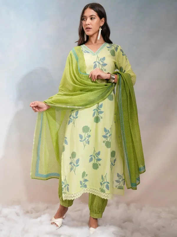 Vishudh Women Lime Green Printed Kurta Set - Kurta With Jogger And Printed Dupatta