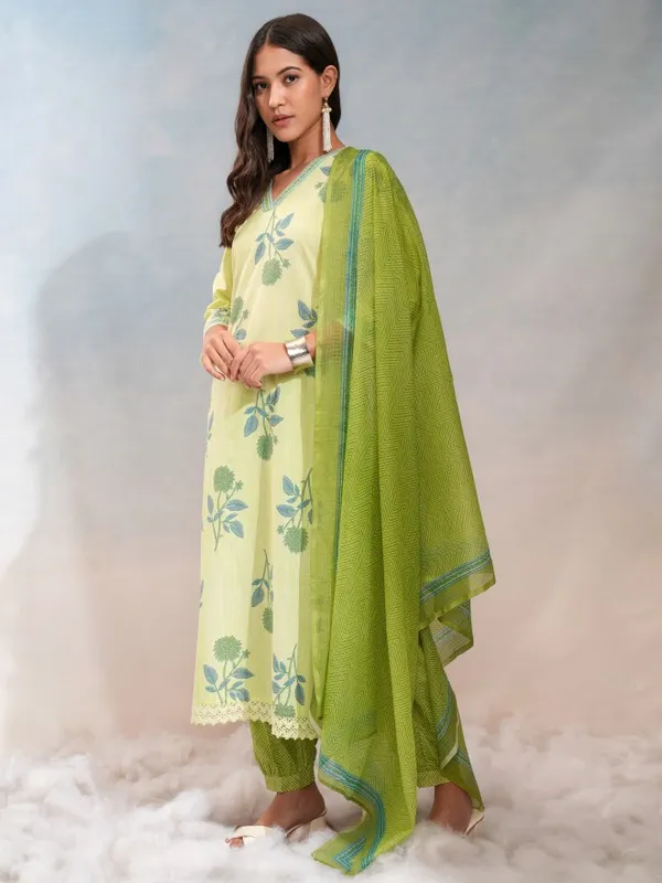 Vishudh Women Lime Green Printed Kurta Set - Kurta With Jogger And Printed Dupatta
