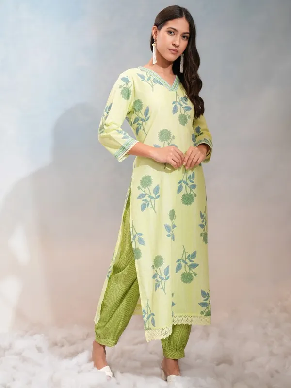 Vishudh Women Lime Green Printed Kurta Set - Kurta With Jogger And Printed Dupatta