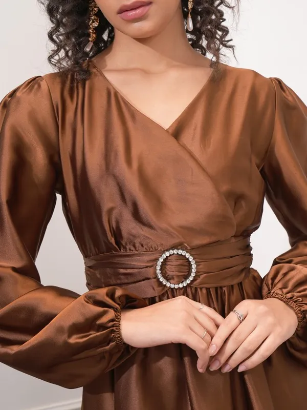 Tokyo Talkies Women Brown Solid Wrap Dress
