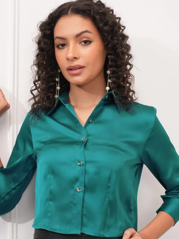 Tokyo Talkies Women Teal Solid Shirt Style Top