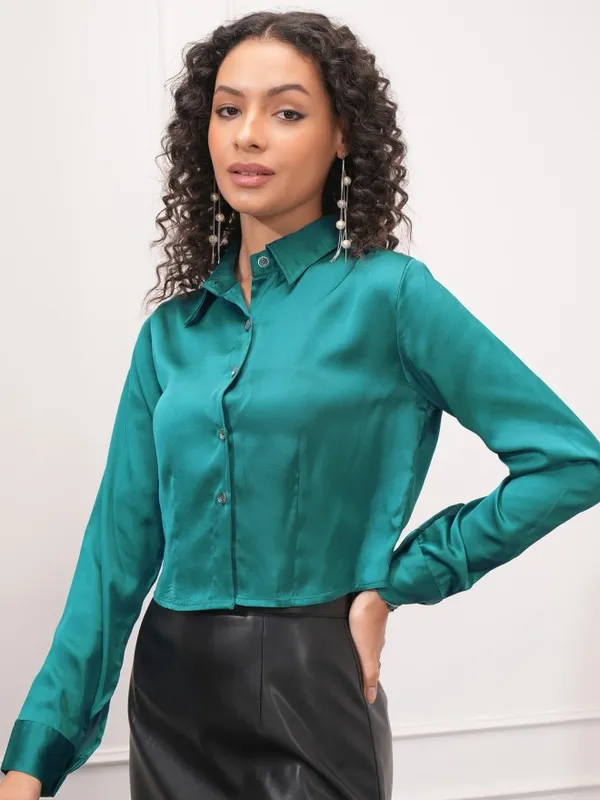Tokyo Talkies Women Teal Solid Shirt Style Top