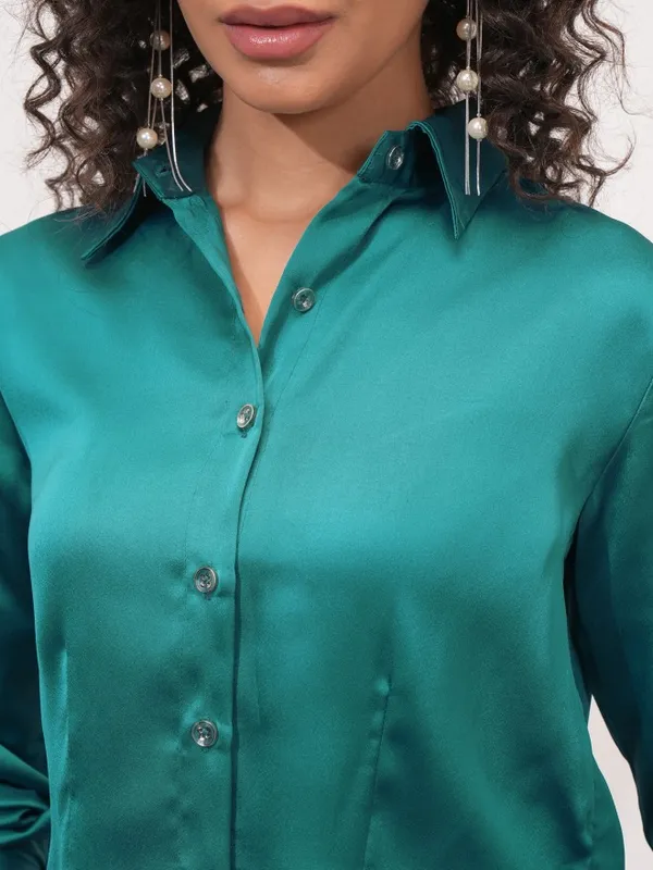 Tokyo Talkies Women Teal Solid Shirt Style Top