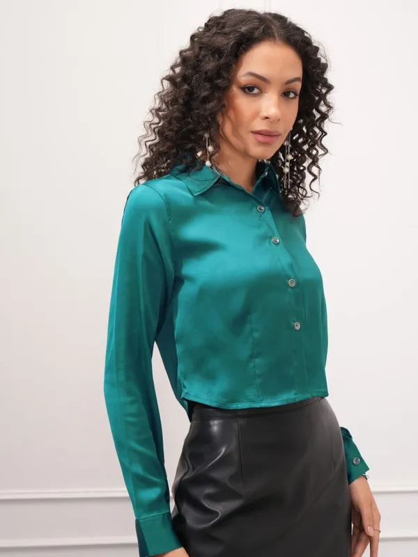 Tokyo Talkies Women Teal Solid Shirt Style Top