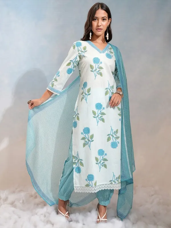 Vishudh Women Sky Blue Printed Kurta With Jogger With Printed Dupatta