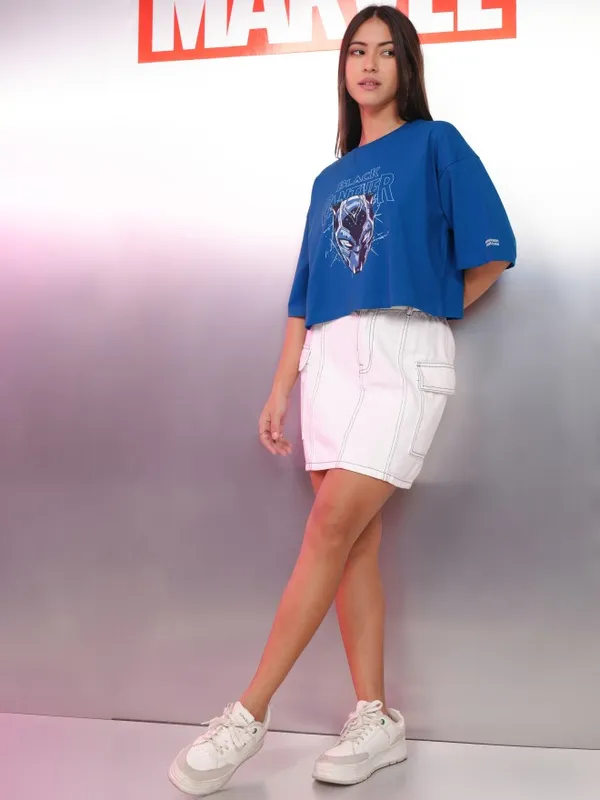 Marvel By Tokyo Talkies Women Blue Black Panther Printed Round Neck T-Shirt