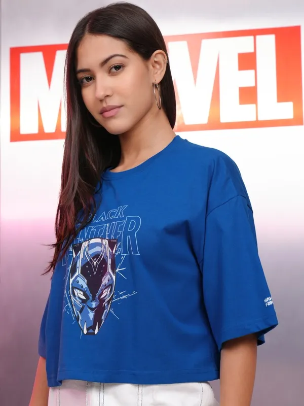 Marvel By Tokyo Talkies Women Blue Black Panther Printed Round Neck T-Shirt