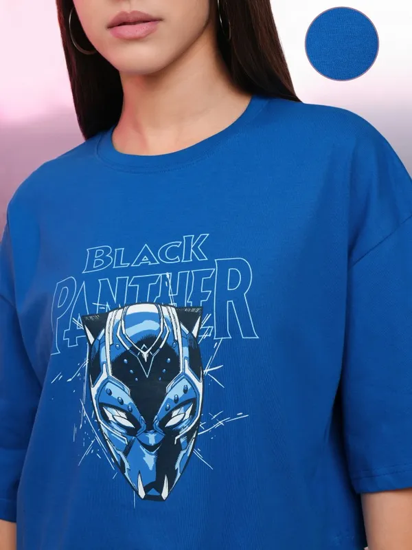 Marvel By Tokyo Talkies Women Blue Black Panther Printed Round Neck T-Shirt