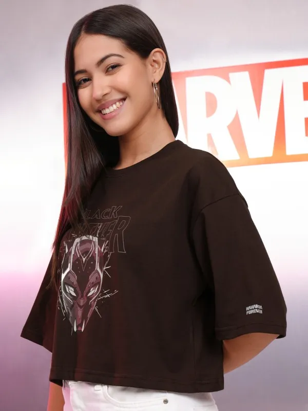 Marvel By Tokyo Talkies Women Brown Black Panther Printed Round Neck T-Shirt
