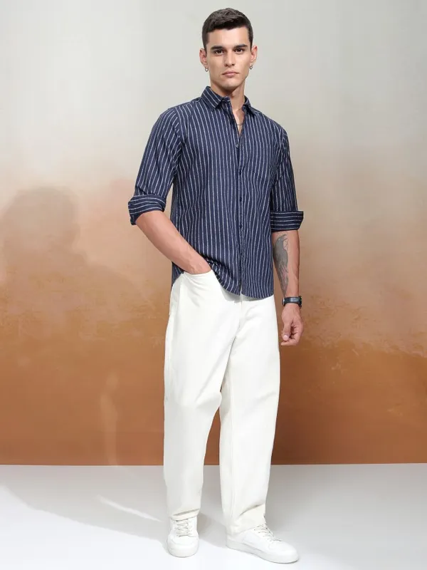Highlander Men Navy Blue Striped Regular Fit Casual Shirt