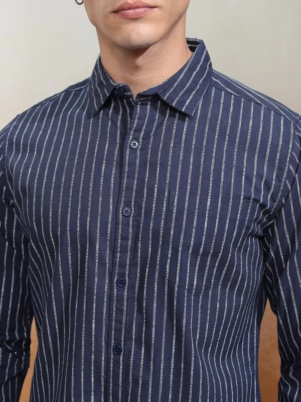 Highlander Men Navy Blue Striped Regular Fit Casual Shirt